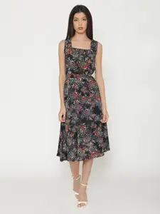 Yaadleen Tropical Printed Belted Midi Fit & Flare Dress