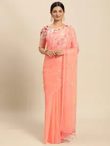 Mitera Peach-Coloured Floral Zari Pure Chiffon Saree