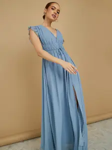 Styli Ruffle Sleeve Cinch Waist A-Line Maxi Dress