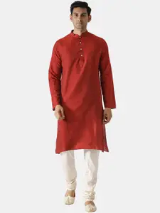 KISAH Men Mandarin Collar Long Sleeves Cotton Silk Kurta