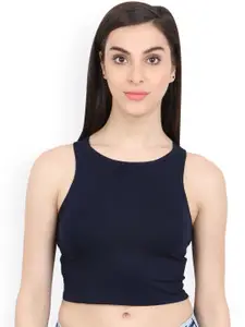 Cation Women Navy Blue Solid Crop Pure Cotton Top