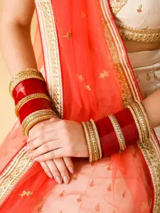 Rubans Set of 30 Gold-Plated Pearls and American Diamond Studded Bridal Chuda Bangle Set