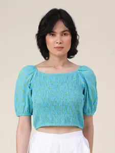 Fabindia Floral Printed Puff Sleeves Pure Cotton Crop Top