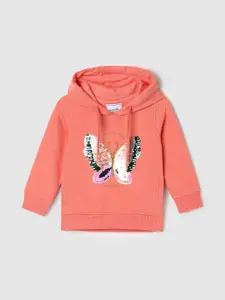 max Girls Peach-Coloured Printed Hooded Sweatshirt