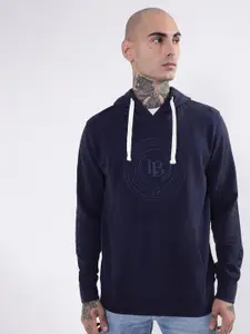 LINDBERGH Men Blue Embroidered Hooded Cotton Sweatshirt