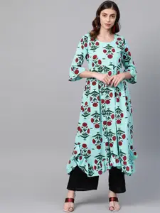 Ives Floral Printed Bell Sleeves A-Line Pleated Asymmetric Kurta