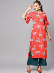 Ives Women Red Quirky Printed Flared Sleeves Kurta