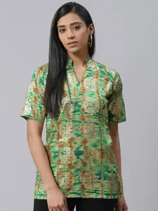 Ives Print Mandarin Collar Shirt Style Top
