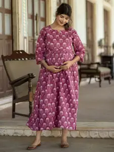 Nayo Ethnic Printed Cotton Maternity A-Line Midi Dress