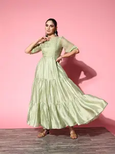 Inddus Green Satin Tiered Maxi Dress With Embroidered Jacket
