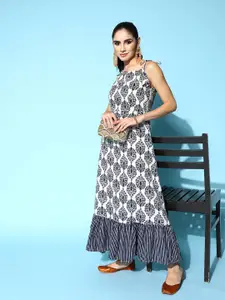 Inddus White & Navy Blue Floral Print Maxi Tiered Ethnic Dress