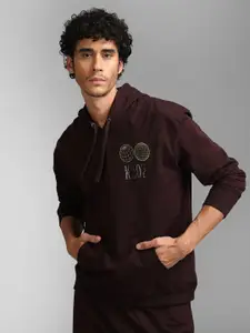KZ07 By Kazo Men Brown Printed Hooded Cotton Sweatshirt