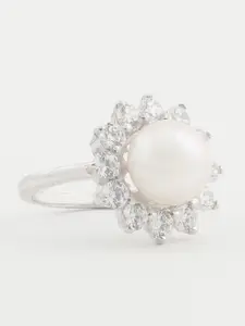 Clara Women 925 Sterling Silver & Rhodium-Plated CZ-Studded Pearl Beaded Finger Ring