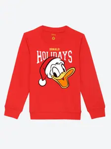YK Disney Boys Red Cotton Christmas Holiday Donald Duck Printed Sweatshirt