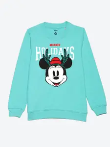 YK Disney YK Disney Girls Green Cotton Christmas Minnie Printed Sweatshirt