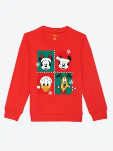 YK Disney Boys Red Christmas Mickey & Friends Cotton Printed Sweatshirt