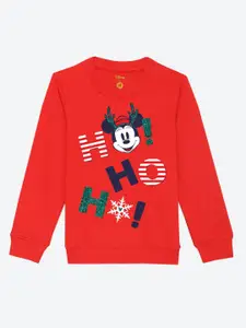 YK Disney YK Disney Girls Red Cotton Christmas Minnie Printed Glitter Effect Sweatshirt