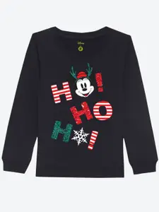 YK Disney YK Disney Girls Black Cotton Christmas Minnie Glitter Effect Printed Sweatshirt