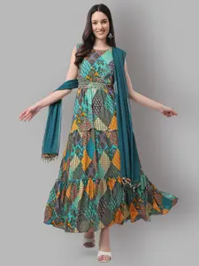 ASPORA Conversational Printed Belted Maxi Fit & Flare Ethnic Dress With Dupatta