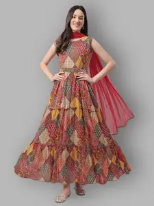 ASPORA Conversational Printed Maxi Fit & Flare Ethnic Dress With Dupatta