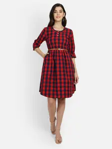 Yaadleen Belted Checked Cotton Fit & Flare Dress