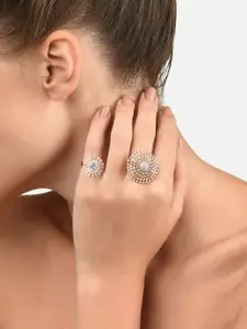 AMI Women Set Of 2 Rose Gold-Plated CZ Stone-Studded Adjustable Finger Rings