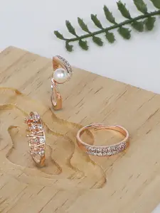 AMI Women Set Of 3 Rose Gold-Plated CZ-Studded Adjustable Finger Rings