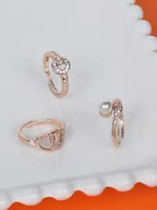 AMI Women Set Of 3 Rose Gold-Plated CZ Stones & Beaded Studded Finger Rings