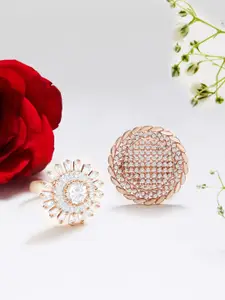 AMI Contemporary Set Of 2 Rose Gold-Plated Cz Stone-Studded Adjustable Finger Ring