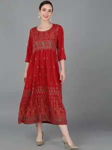 AHIKA Women Red Ethnic Motifs Printed Ethnic Dress