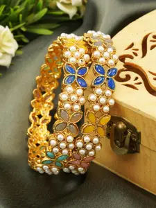 GRIIHAM Set Of 2 Gold-Plated AD & Pearls Studded & Beaded Bangle