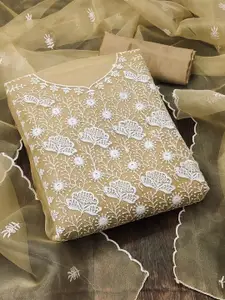 KALINI Beige & White Embroidered Organza Unstitched Dress Material