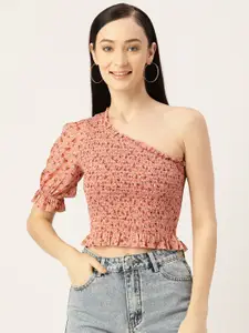 Slenor Floral Print Smocked One Shoulder Crepe Top
