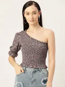 Slenor Floral Print Smocked One Shoulder Crepe Top