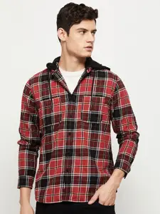 max Men Tartan Checks Pure Cotton Hooded Casual Shirt