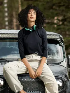 Roadster Women Black Three-Quarter Sleeved Cotton T-shirt