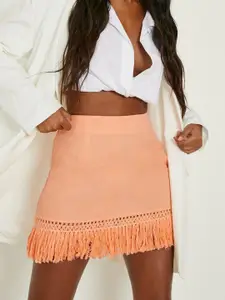 Boohoo Solid Tasseled Detail Straight Mini Skirt