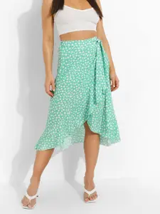 Boohoo Polka Dots Printed Wrap Midi Skirt