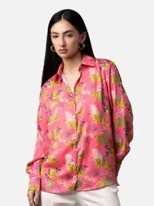 NEOFAA Women Pink Floral Semi Sheer Printed Casual Shirt
