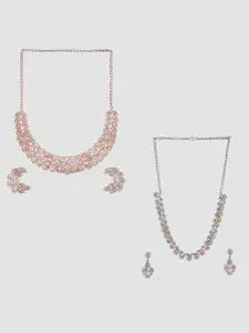 Kord Store Set Of 2 Rose-Gold Plated & Silver-Plated AD Studded Necklace & Earrings Set