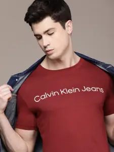 Calvin Klein Jeans Men Pure Cotton Brand Logo Printed Drop-Shoulder Sleeves T-shirt