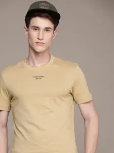 Calvin Klein Jeans Men Beige Brand Logo Printed Pure Cotton Slim Fit T-shirt