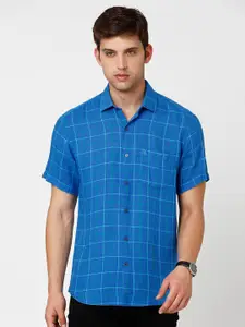 Linen Club Men Windowpane Checks Pure Linen Sustainable Casual Shirt