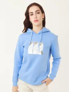 Zink London Women Blue Graphic Printed Hooded Pullover Sweatshirt