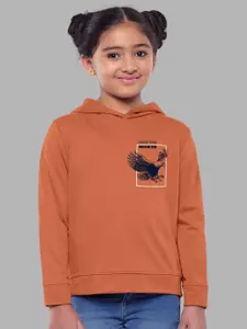 HELLCAT Girls Orange Printed Hooded Cotton Sweatshirt