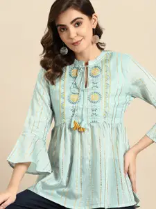 all about you Floral Embroidered Bell Sleeves Pleated Kurti