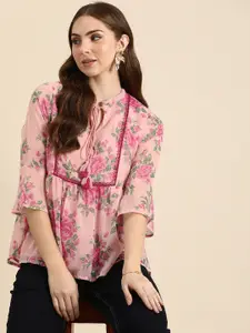 all about you A-Line Floral Printed Tie-Up Neck Short Kurti