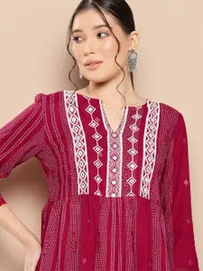 all about you Ethnic Motifs Printed Mirror Work A-Line Kurti with Gathered Waist