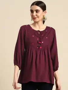all about you Embroidered Mirror Work Tie-Up Neck Pleated Kurti