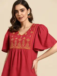 all about you Woven Design V-Neck Flared Sleeves A-Line Kurti with Embroidered Yoke